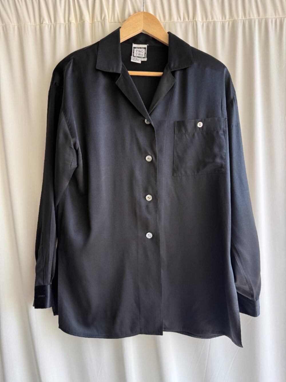 Vintage Two + Two 100% Silk Black Button Down Blouse Shirt S